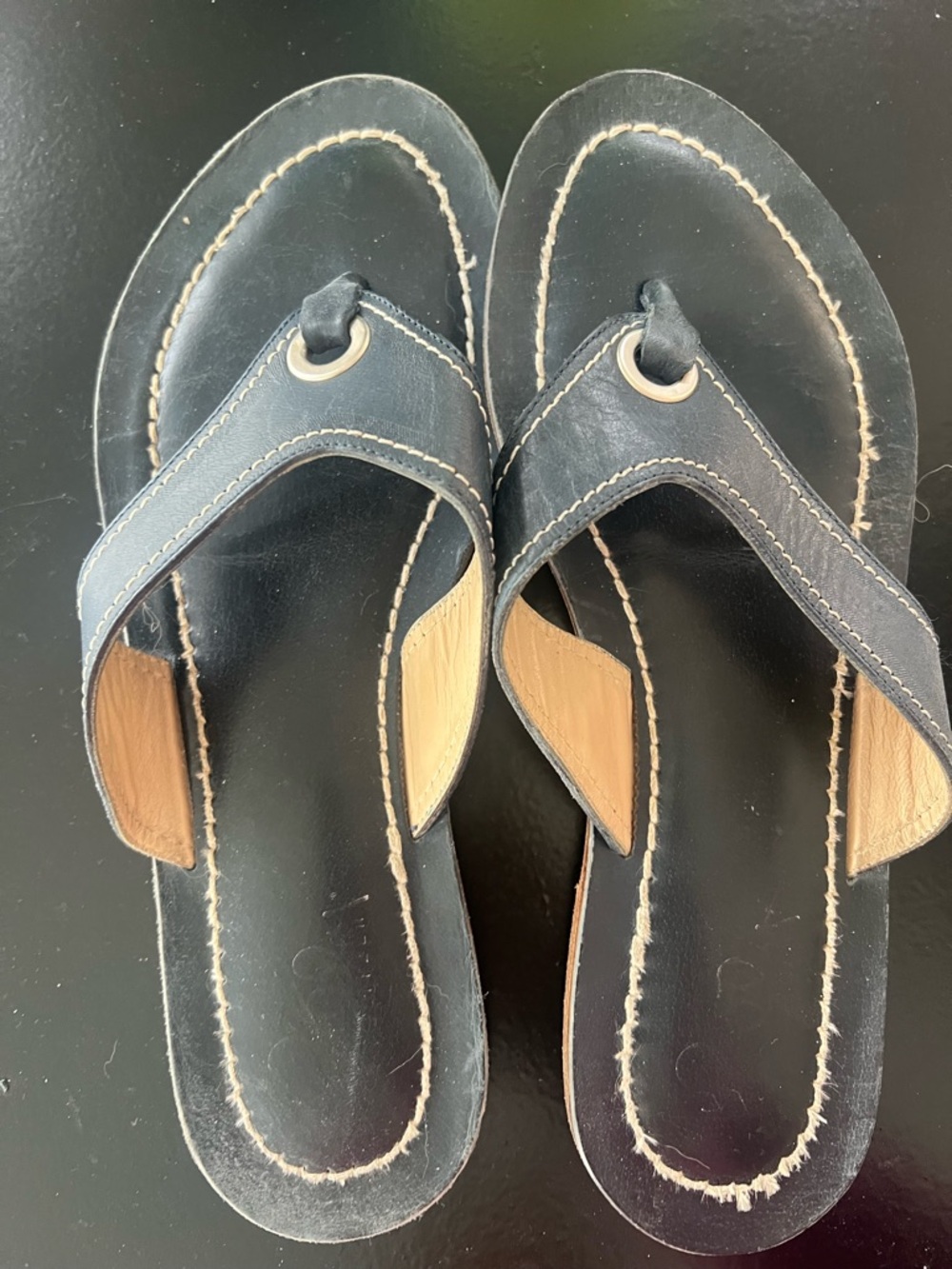 Blue Leather Stitch-Trim Flip Flop Sandals
